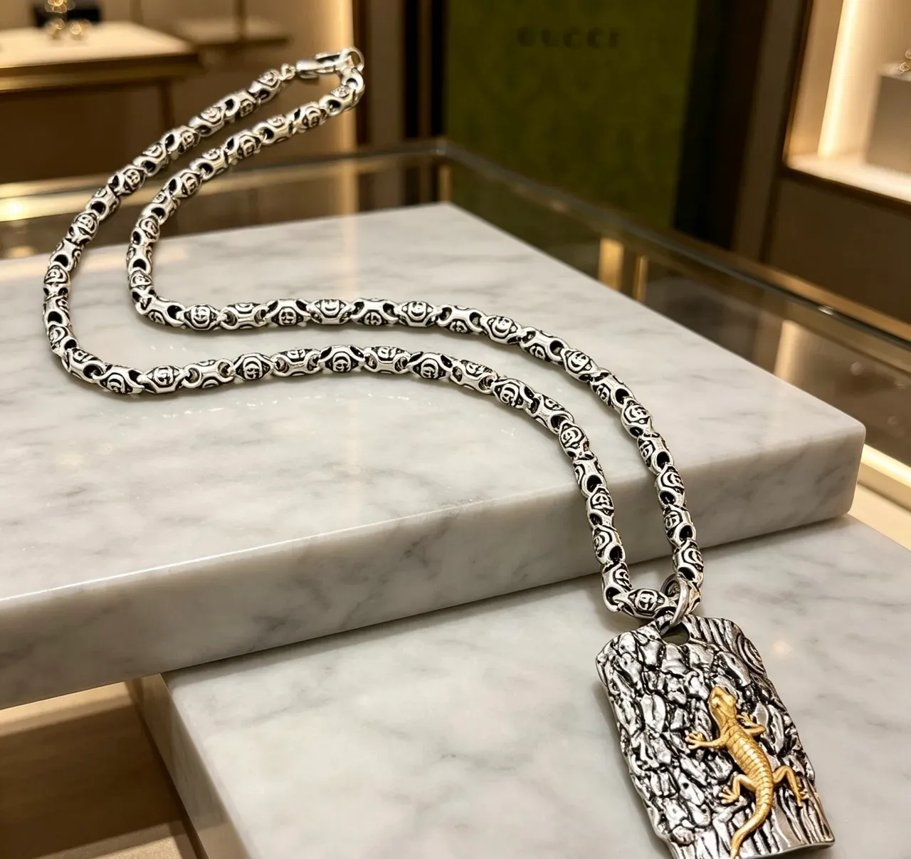 Silver and Gold Lizard on Textured Bark Pendant Necklace 6