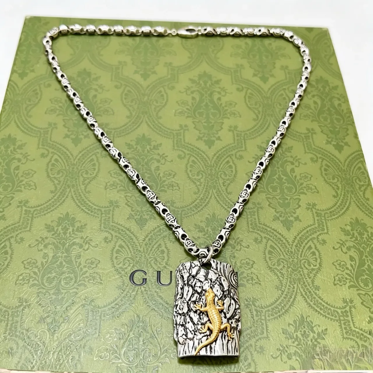 Silver and Gold Lizard on Textured Bark Pendant Necklace 8