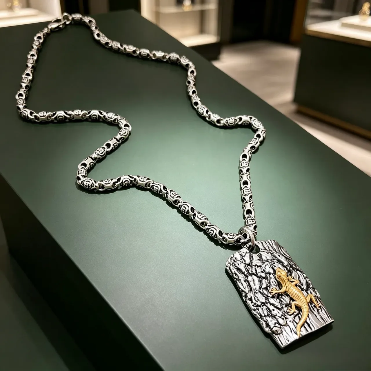 Silver and Gold Lizard on Textured Bark Pendant Necklace 10