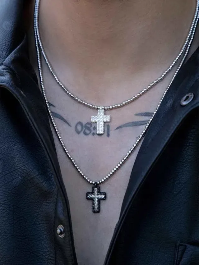 Silver Black Beaded Chain Crystal-Encrusted Cross Pendant Necklace 3