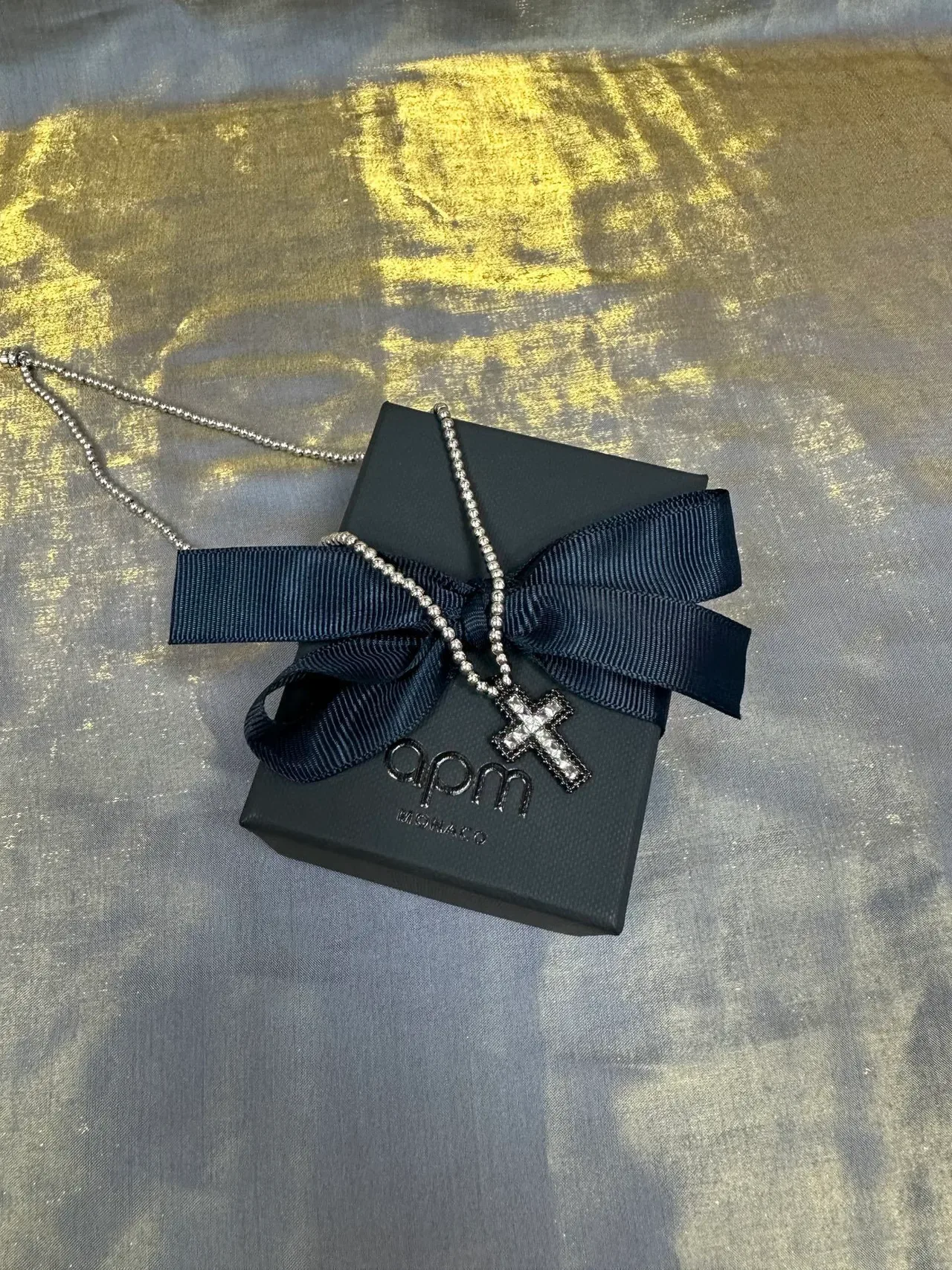 Silver Black Beaded Chain Crystal-Encrusted Cross Pendant Necklace 5