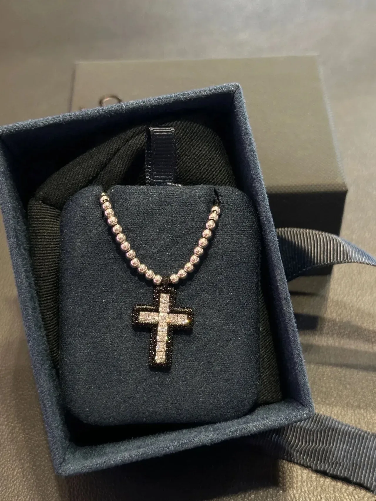 Silver Black Beaded Chain Crystal-Encrusted Cross Pendant Necklace 6