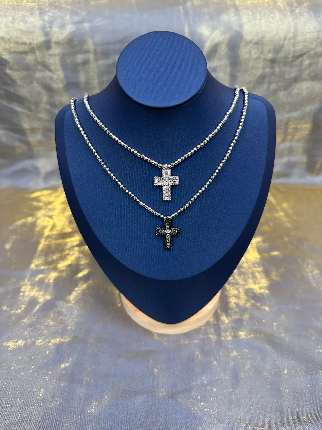 Silver Black Beaded Chain Crystal-Encrusted Cross Pendant Necklace 9