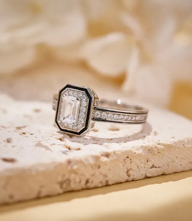 Silver Black Emerald-Cut Center Stone Halo Pavé Setting Ring 4