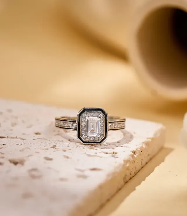 Silver Black Emerald-Cut Center Stone Halo Pavé Setting Ring 5
