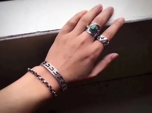 Silver Black Open Cuff Engraved Geometric Pattern Bracelet 2