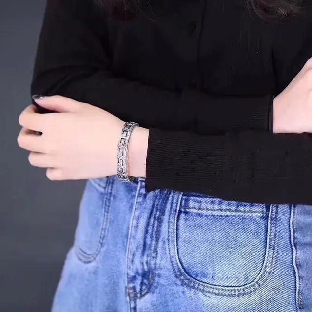 Silver Black Open Cuff Engraved Geometric Pattern Bracelet 3