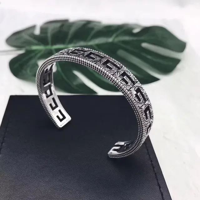 Silver Black Open Cuff Engraved Geometric Pattern Bracelet 4