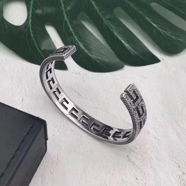 Silver Black Open Cuff Engraved Geometric Pattern Bracelet 5