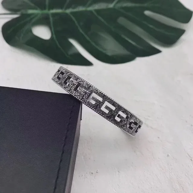 Silver Black Open Cuff Engraved Geometric Pattern Bracelet 6