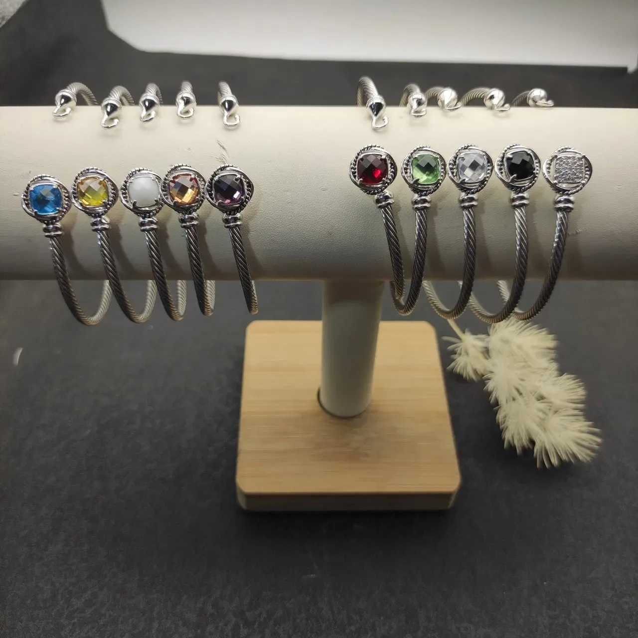 Silver Black Twisted Cable Construction Faceted Stone Bezel Bracelet 4