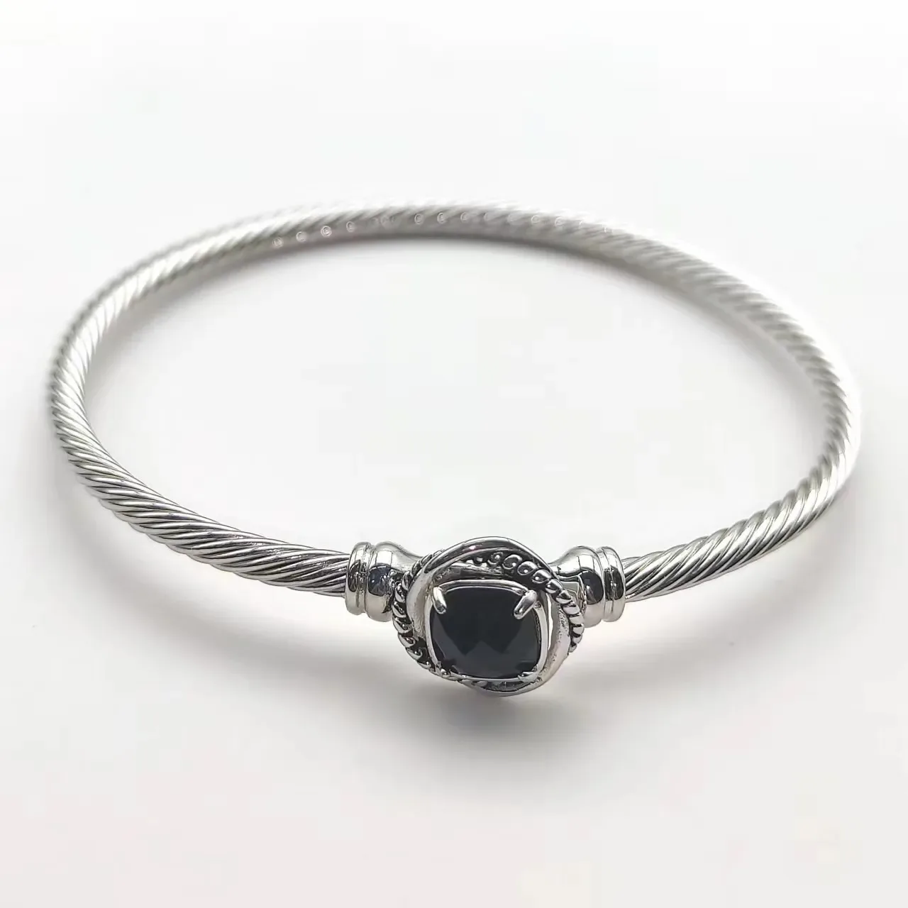 Silver Black Twisted Cable Construction Faceted Stone Bezel Bracelet 5