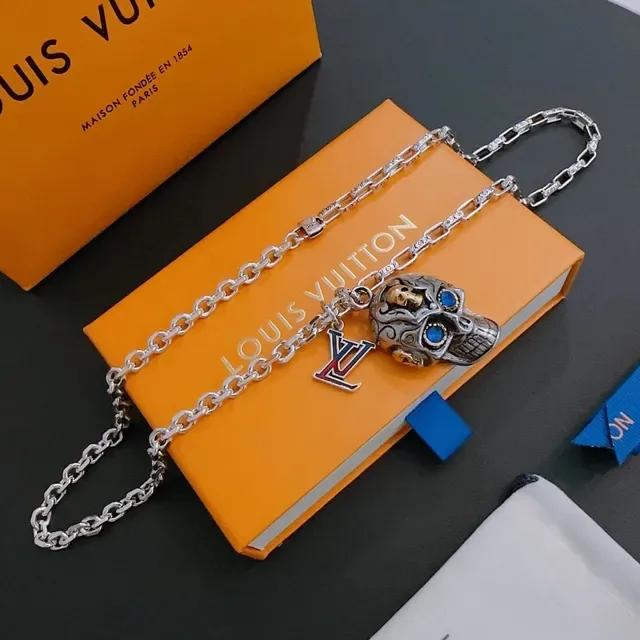 Silver Blue Curb Chain Dual-Layered Skull Pendant Necklace 5