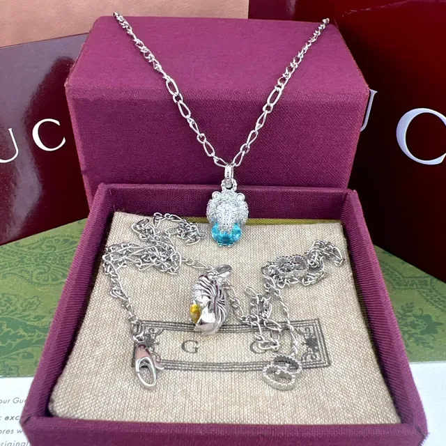 Silver Blue Lion-Head Motif Pavé-Set Clear Stones Necklace 6