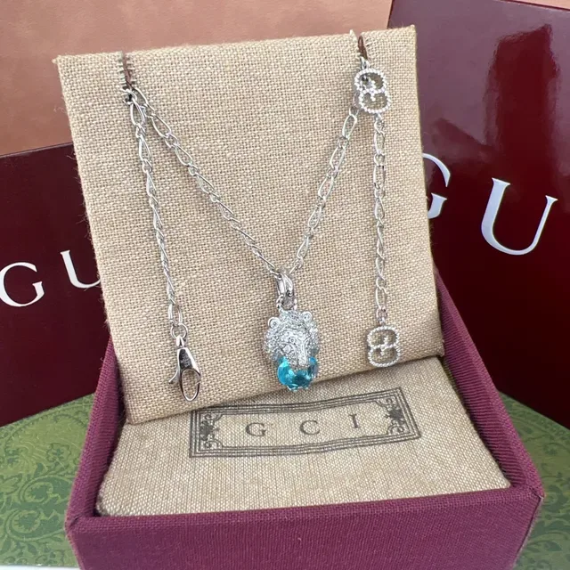 Silver Blue Lion-Head Motif Pavé-Set Clear Stones Necklace 7