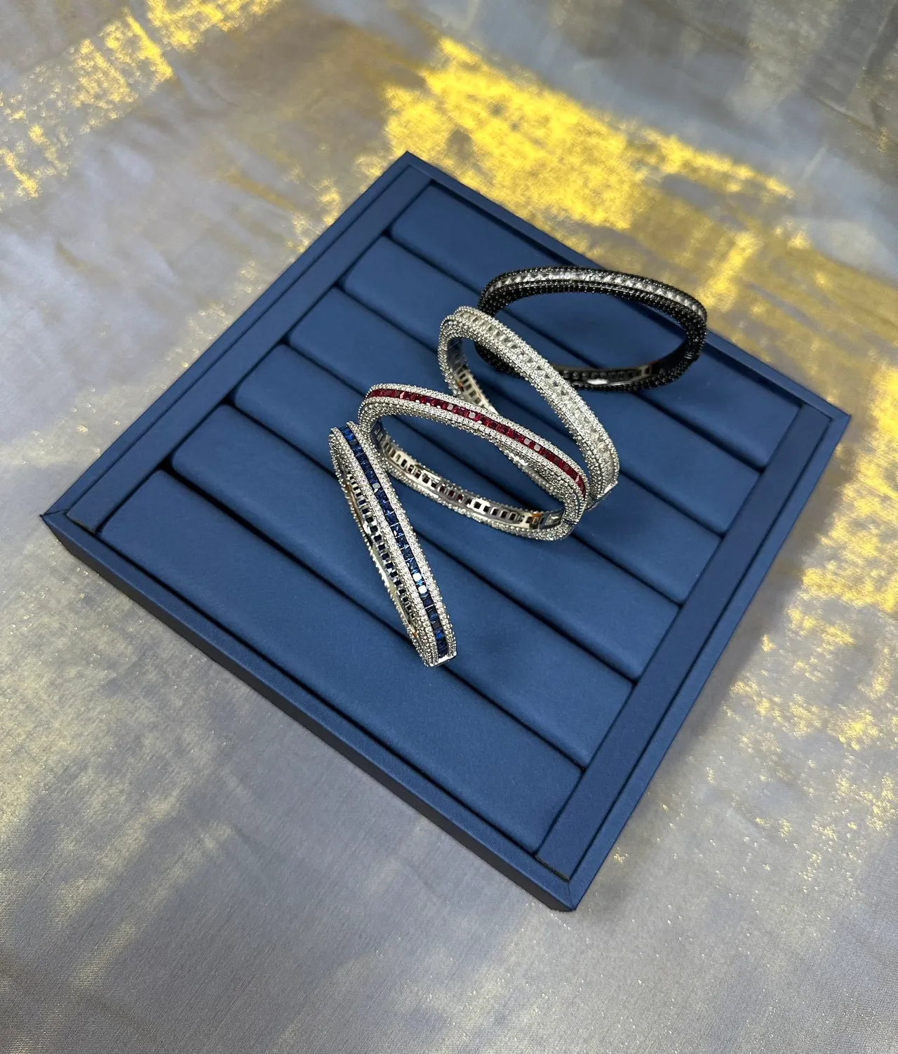 Silver Blue Multi-Row Pavé Channel-Set Rectangular Stones Bracelet 7