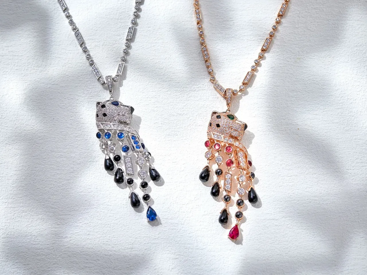 Silver Blue Panther-Head Pendant Pavé-Set Diamonds Necklace 6