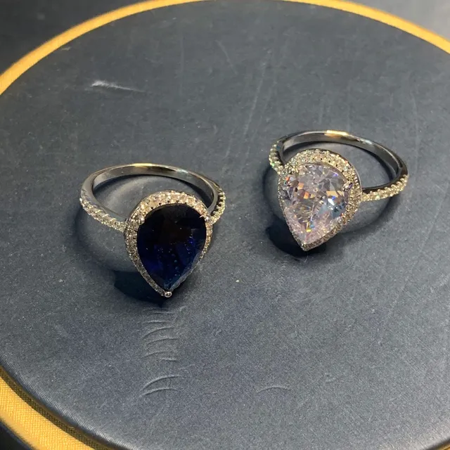 Silver Blue Pear-Shaped Center Stone Halo Pavé Setting Ring 6