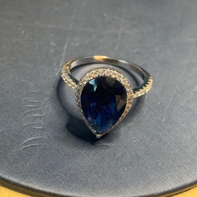 Silver Blue Pear-Shaped Center Stone Halo Pavé Setting Ring 8