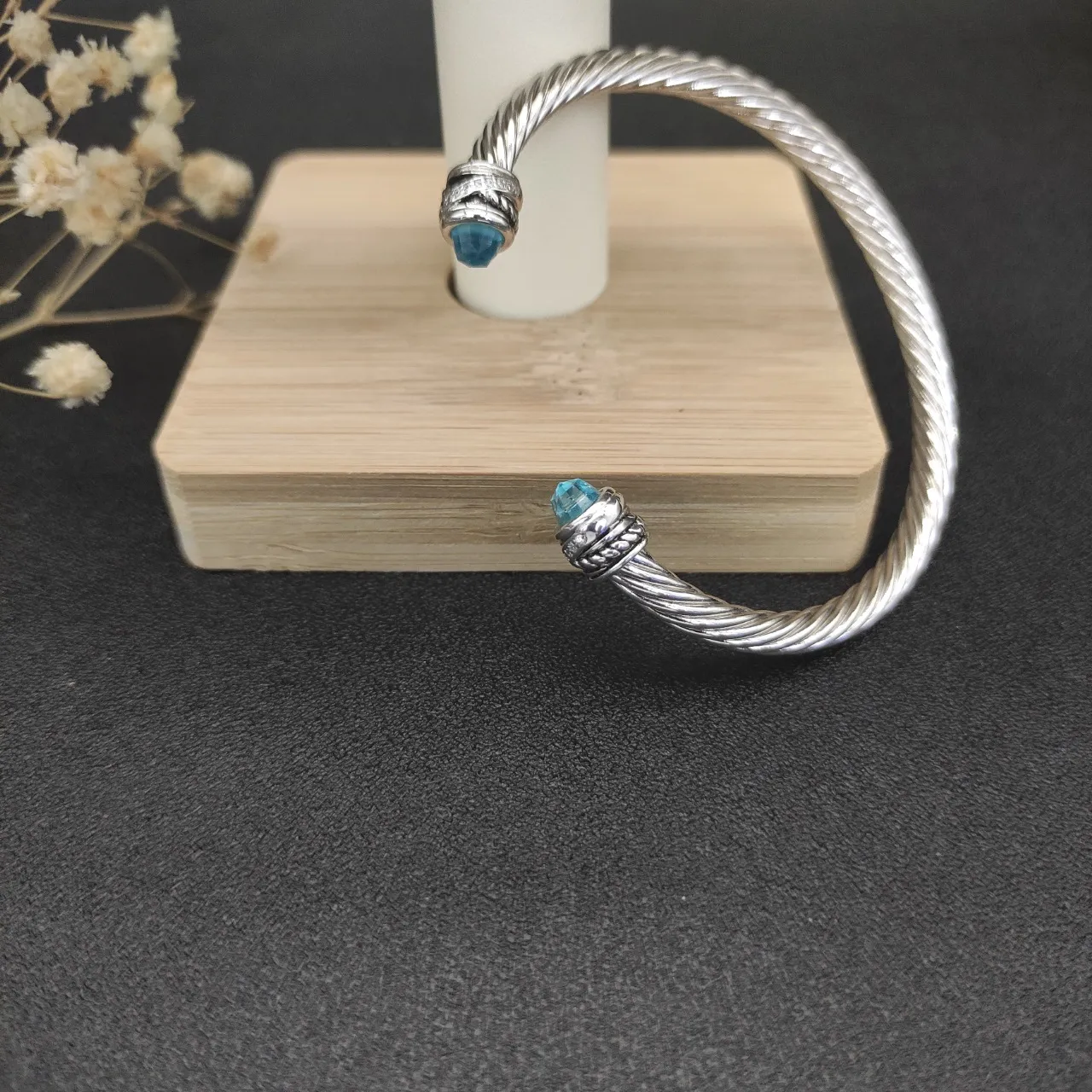 Silver Blue Twisted Cable Faceted Gemstone Terminals Bracelet 2
