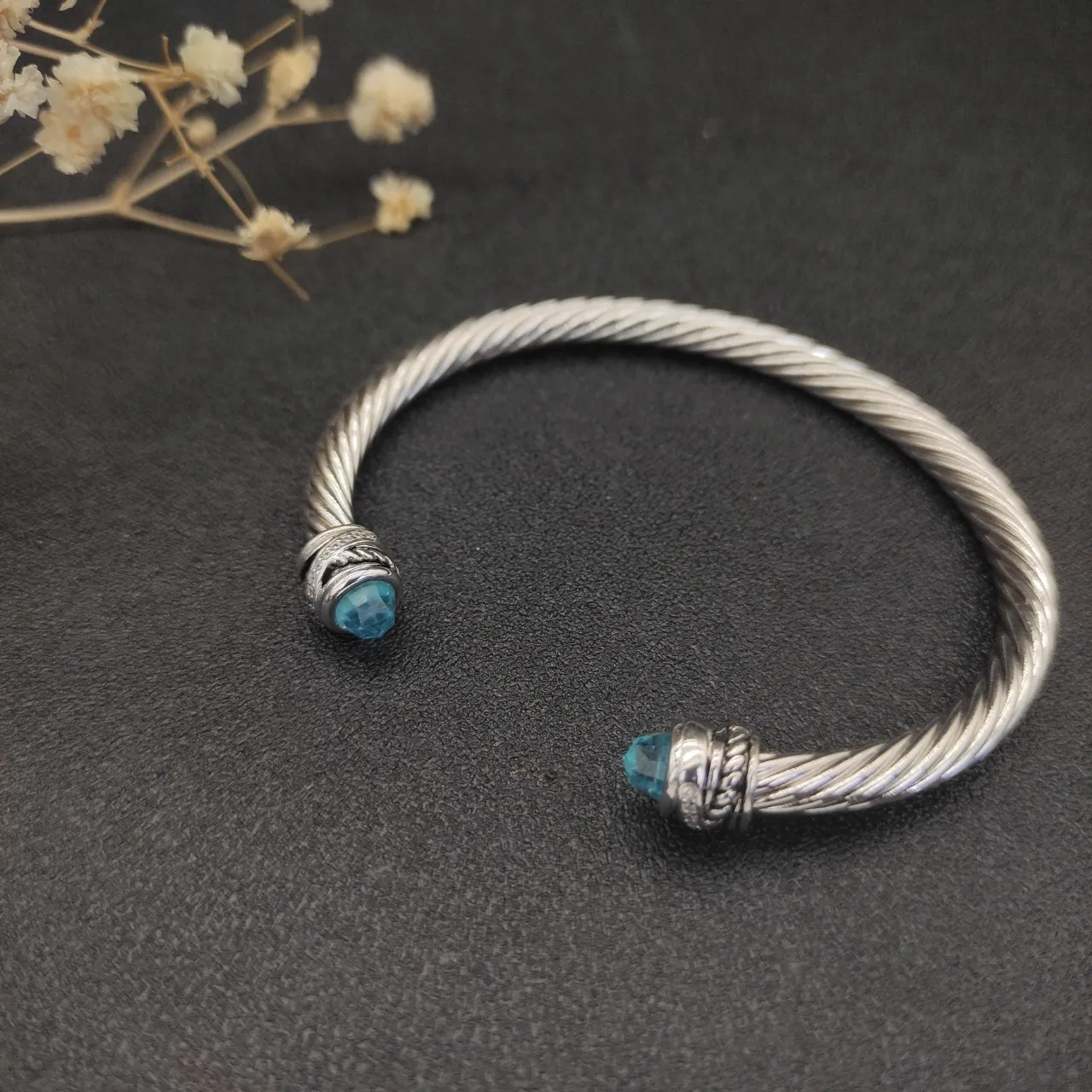 Silver Blue Twisted Cable Faceted Gemstone Terminals Bracelet 4