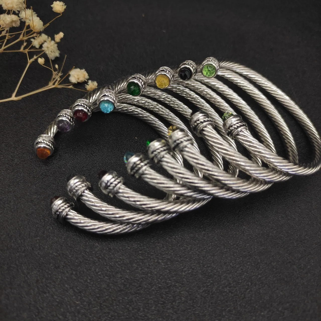 Silver Blue Twisted Cable Faceted Gemstone Terminals Bracelet 5