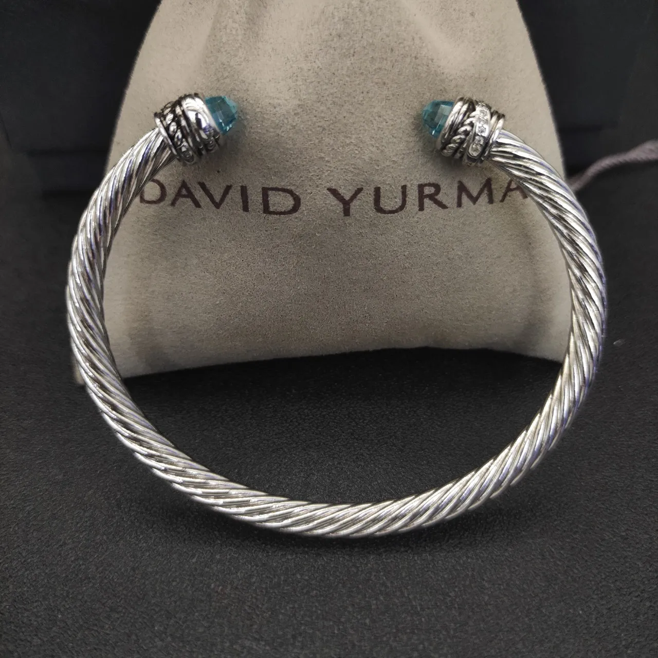 Silver Blue Twisted Cable Faceted Gemstone Terminals Bracelet 7