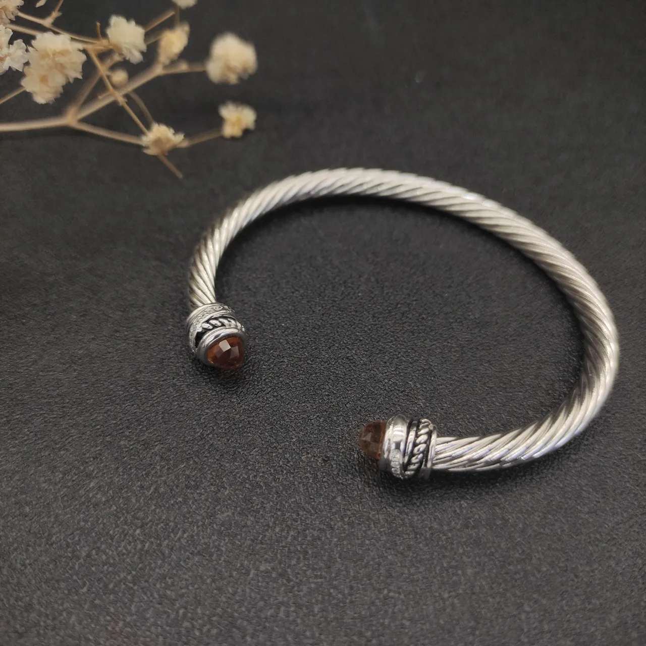 Silver Brown Twisted Cable Faceted Gemstone Terminals Bracelet 6