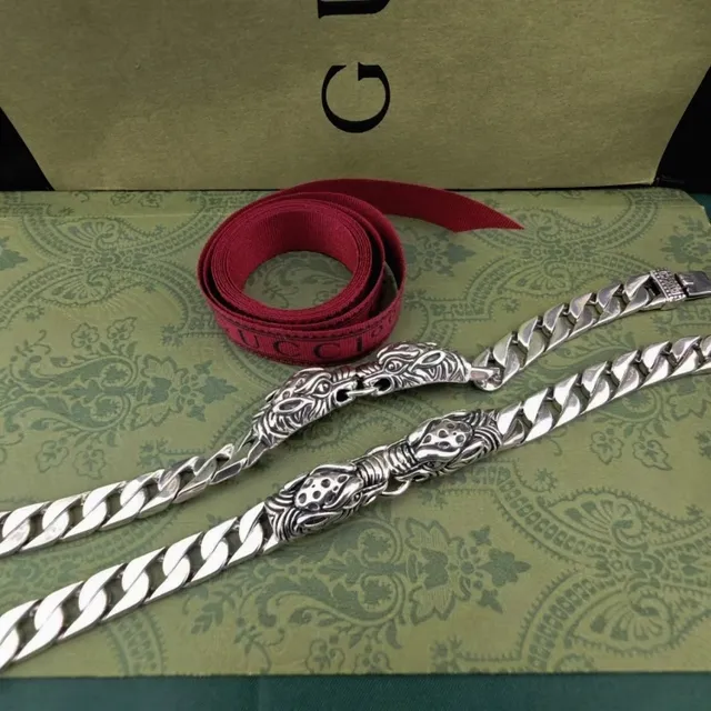 Silver Curb-Link Chain Lion Head Terminals Necklace 7