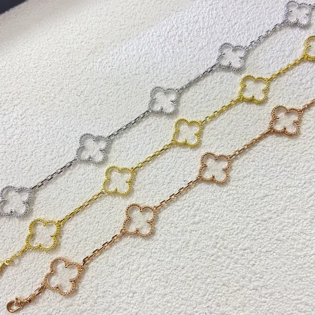 Silver Gold Clover-Link Motif Openwork Design Bracelet 6