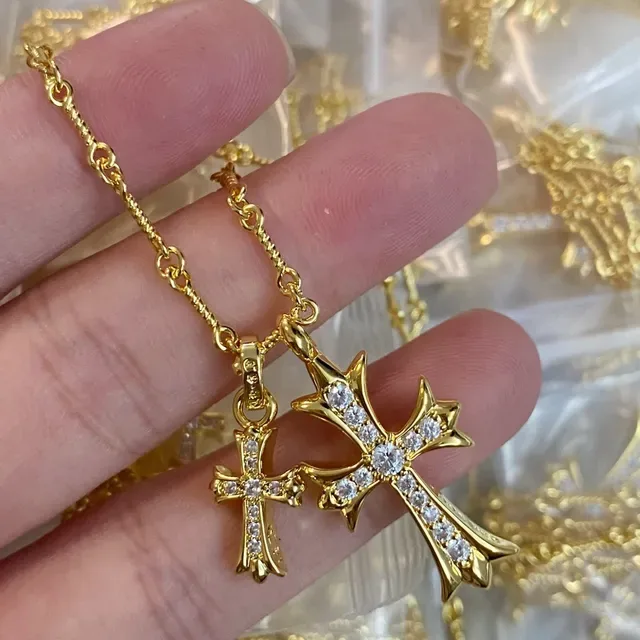 Silver Gold Double Cross Pendant Pavé-Set Crystals Necklace 2