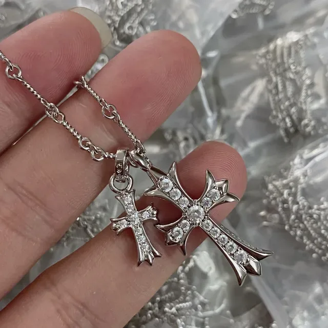 Silver Gold Double Cross Pendant Pavé-Set Crystals Necklace 3