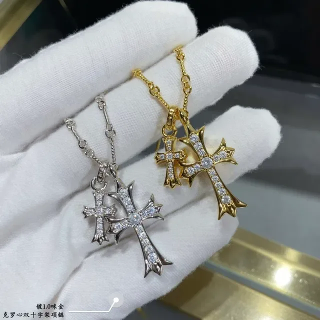 Silver Gold Double Cross Pendant Pavé-Set Crystals Necklace 4