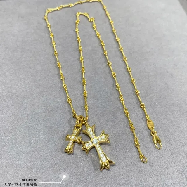 Silver Gold Double Cross Pendant Pavé-Set Crystals Necklace 6