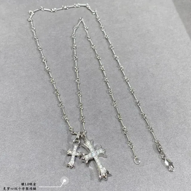 Silver Gold Double Cross Pendant Pavé-Set Crystals Necklace 7