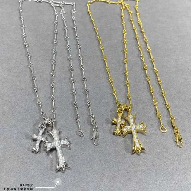 Silver Gold Double Cross Pendant Pavé-Set Crystals Necklace 9