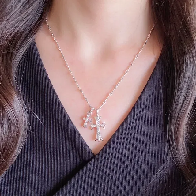 Silver Gold Double Cross Pendant Pavé-Set Crystals Necklace 10
