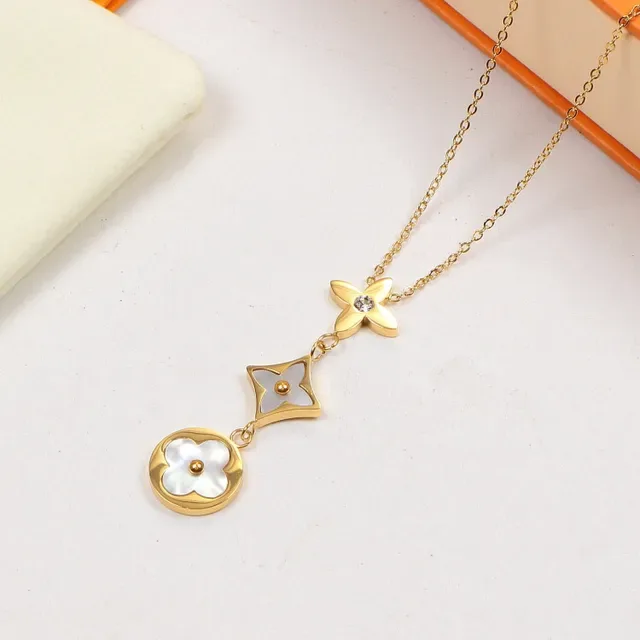 Silver Gold Floral Pendant Geometric Link Necklace 4