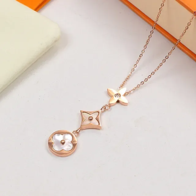 Silver Gold Floral Pendant Geometric Link Necklace 5