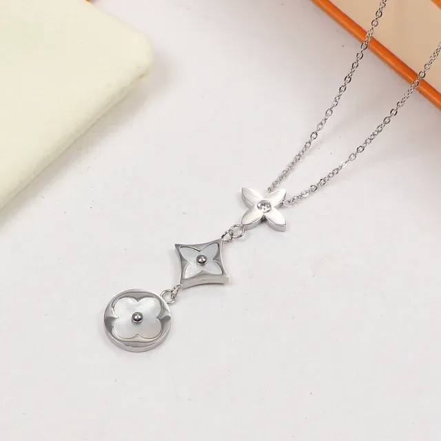 Silver Gold Floral Pendant Geometric Link Necklace 6