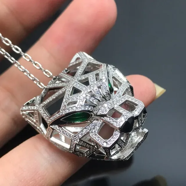 Silver Gold Geometric Openwork Panther Head Motif Necklace 2