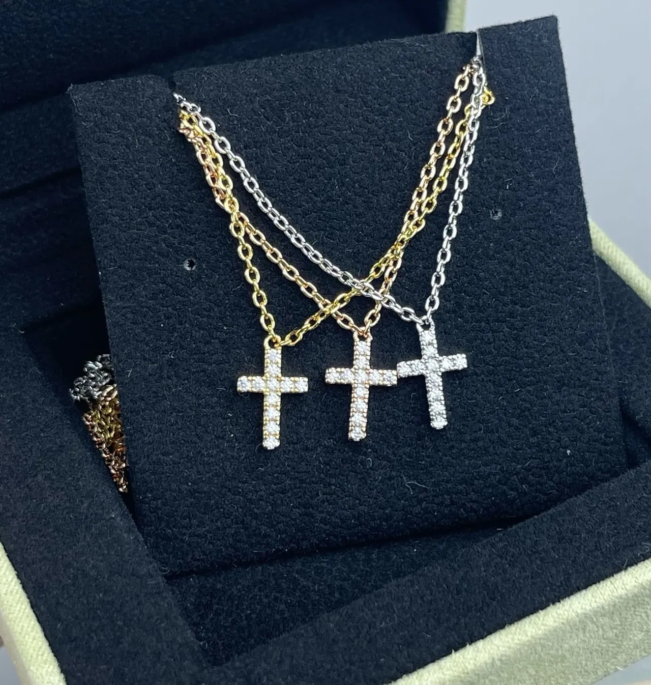 Silver Gold Pavé-Set Cross Pendants Multi-Chain Layered Design Necklace 2