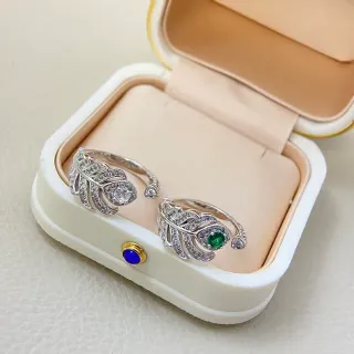 Silver Green Feather-Motif Open Band Pavé-Set Clear Stones Ring