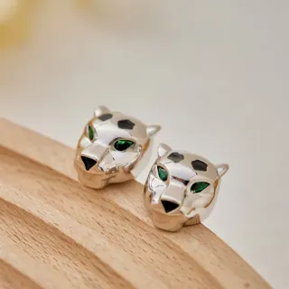 Silver Green Sculpted Panther Head Gemstone Eyes Earrings
