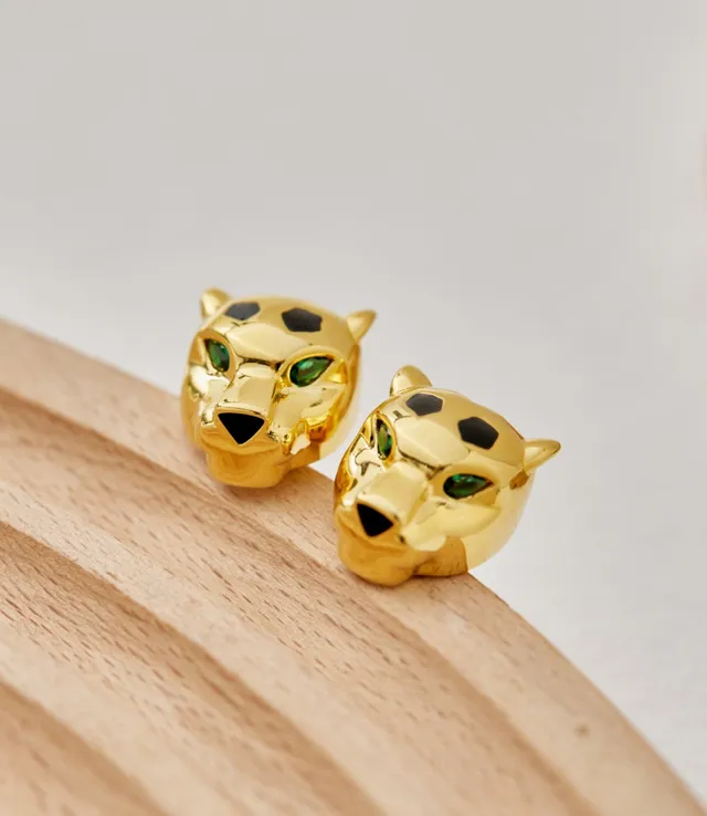 Silver Green Sculpted Panther Head Gemstone Eyes Earrings 3