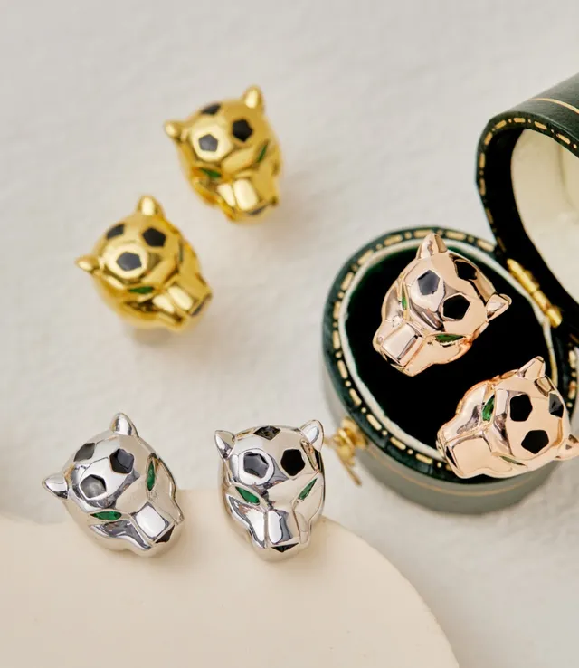 Silver Green Sculpted Panther Head Gemstone Eyes Earrings 8