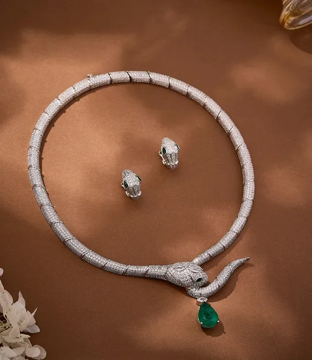 Silver Green Snake Motif Pavé-Set Necklace 6