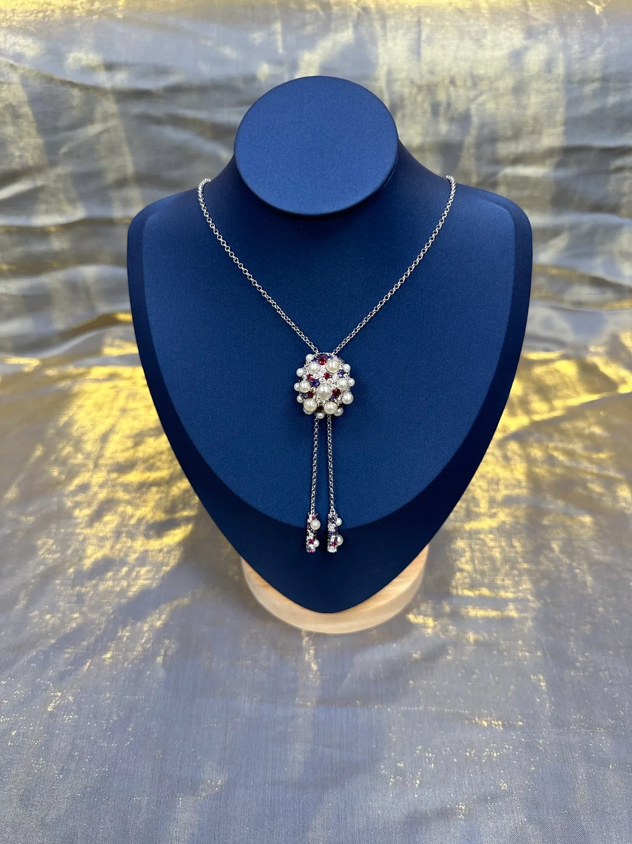 Silver Multicolor Cluster Pendant Pearl And Gemstone Embellished Necklace 1