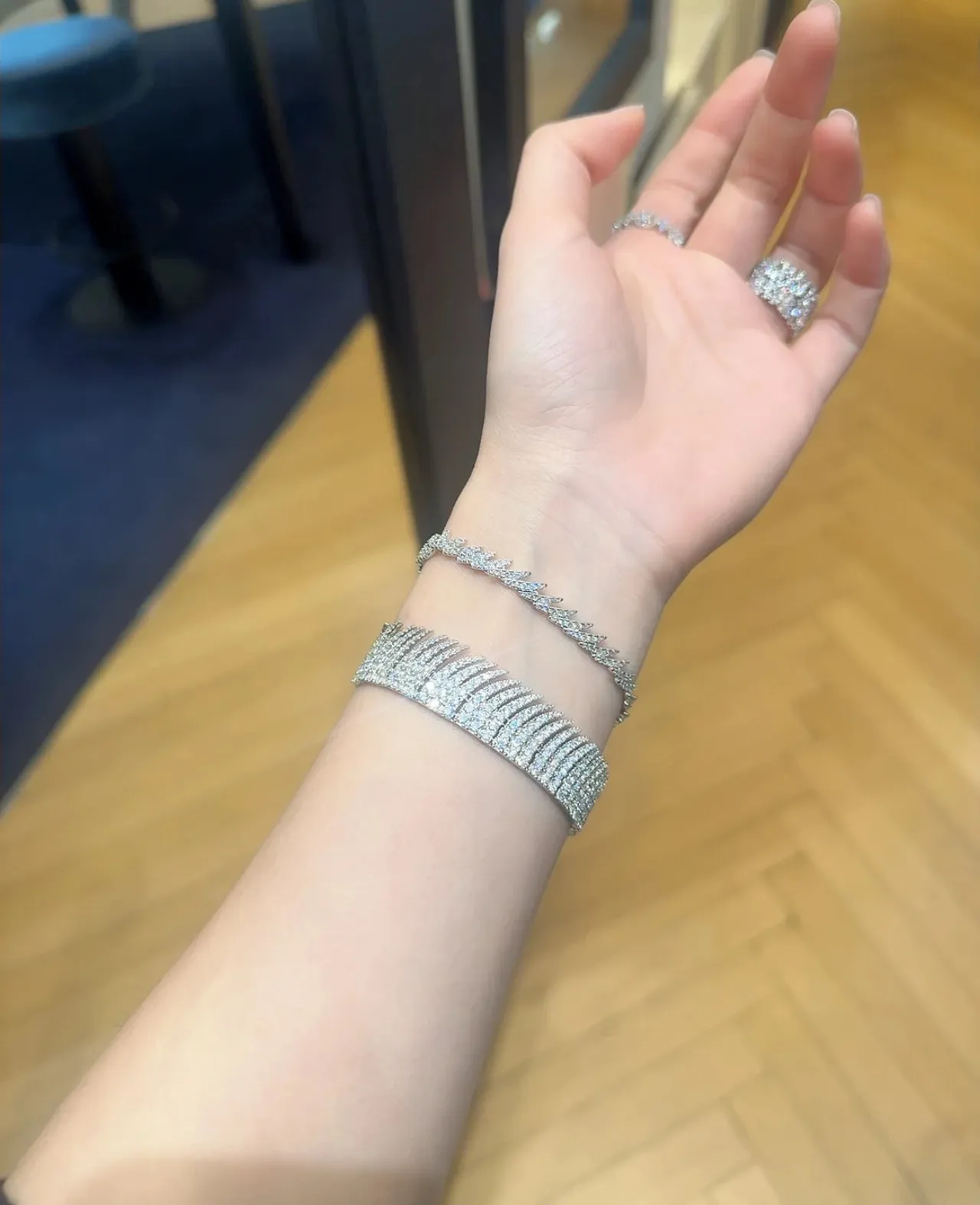 Silver Navy Multi-Row Pavé Rigid Cuff-Style Bracelet 2