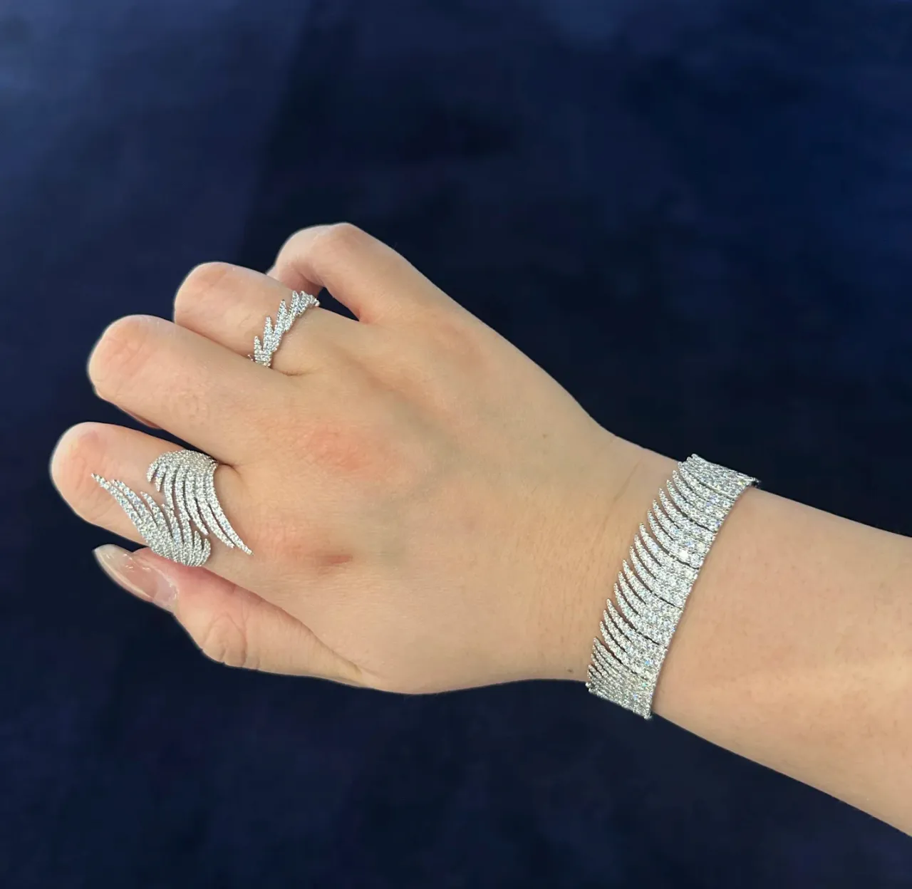 Silver Navy Multi-Row Pavé Rigid Cuff-Style Bracelet 3